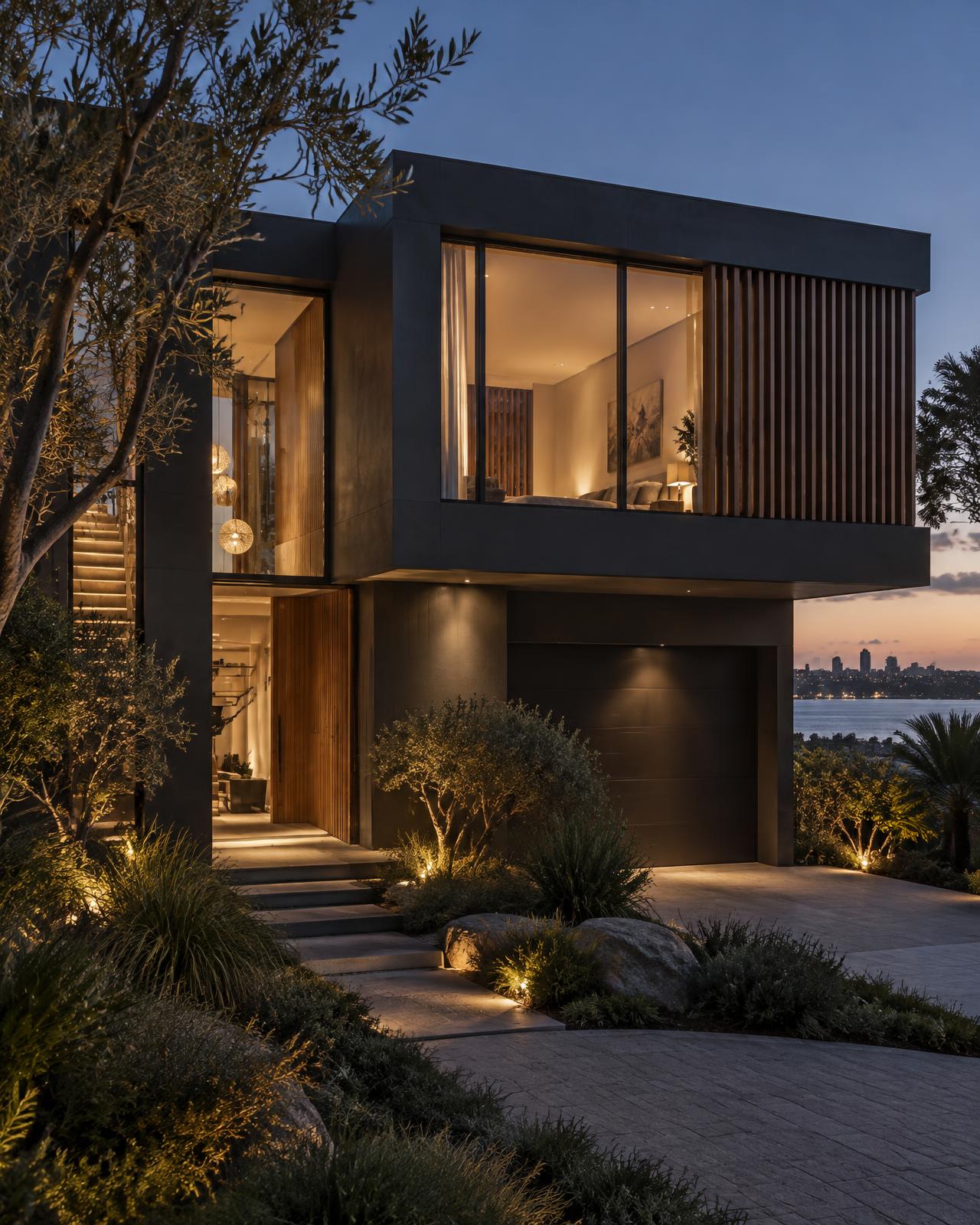 Contemporary rendered Sydney home at dusk with warm interior lighting